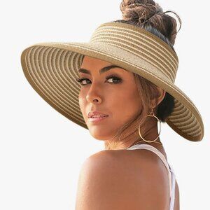 Sun Visor Hats for Women Wide Brim Straw Roll-Up Ponytail Summer Beach Hat UV UP